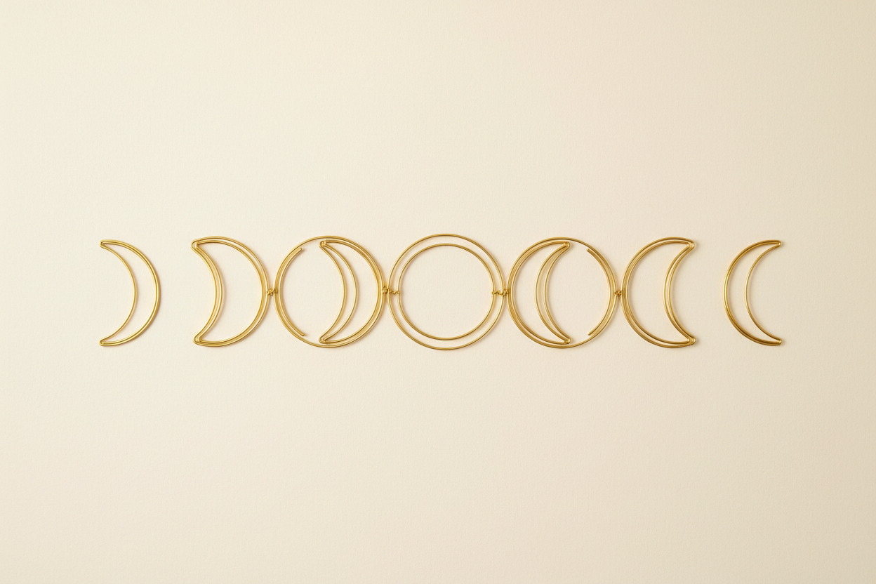 Minimalist abstract moon phases in thin gold or silver lines, over a soft cream background, calm and elegant aesthetic.