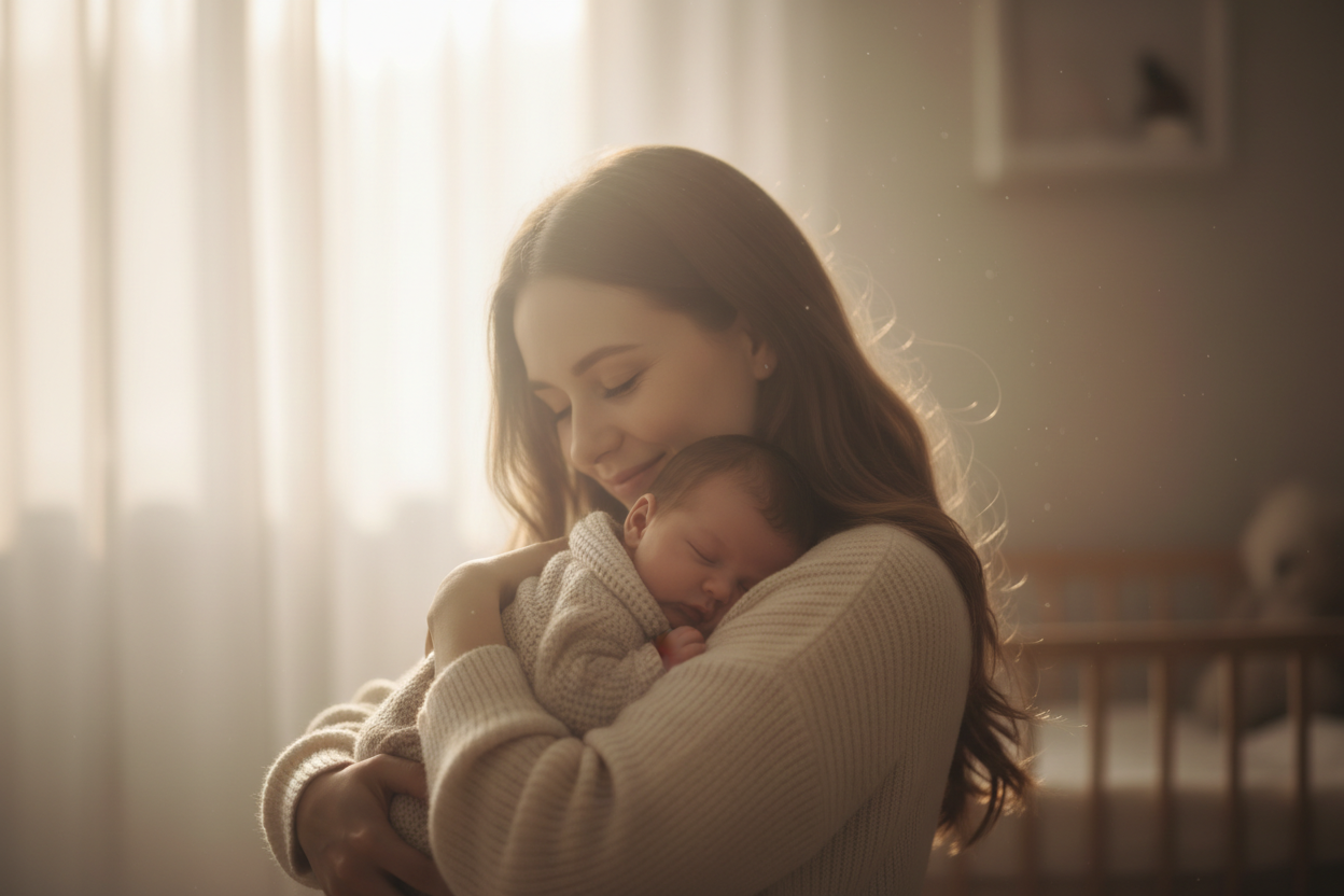 Soft-focus photograph of a mother smiling gently while holding her baby close, warm moonlit ambience, tender and emotional, creamy beige tones, lifestyle photography.