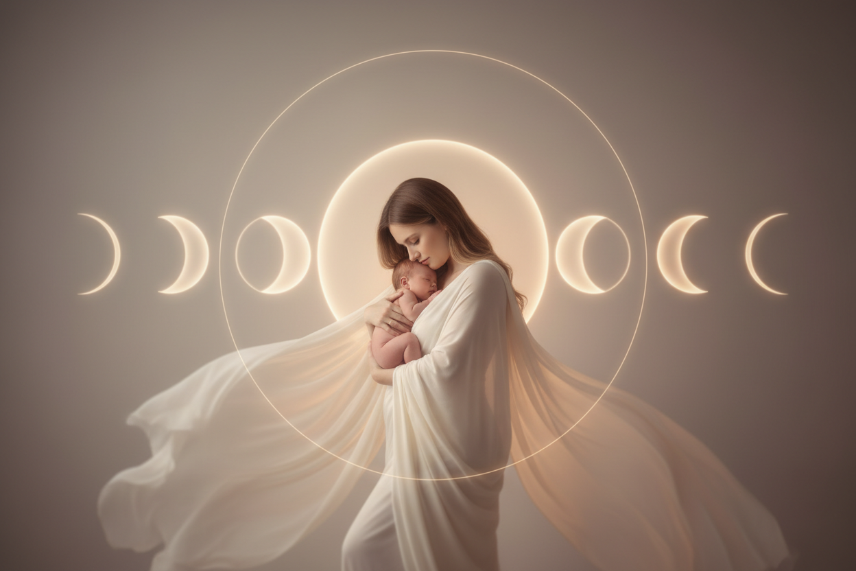 Soft, minimalist aesthetic inspired by moonlight. A mother holding her baby in a warm, gentle glow, surrounded by subtle lunar phases. Neutral cream and rose tones, delicate lines, ethereal light, divine feminine energy, dreamy atmosphere, soft blur, emotional and nurturing mood, elegant composition, editorial photography style, high resolution.